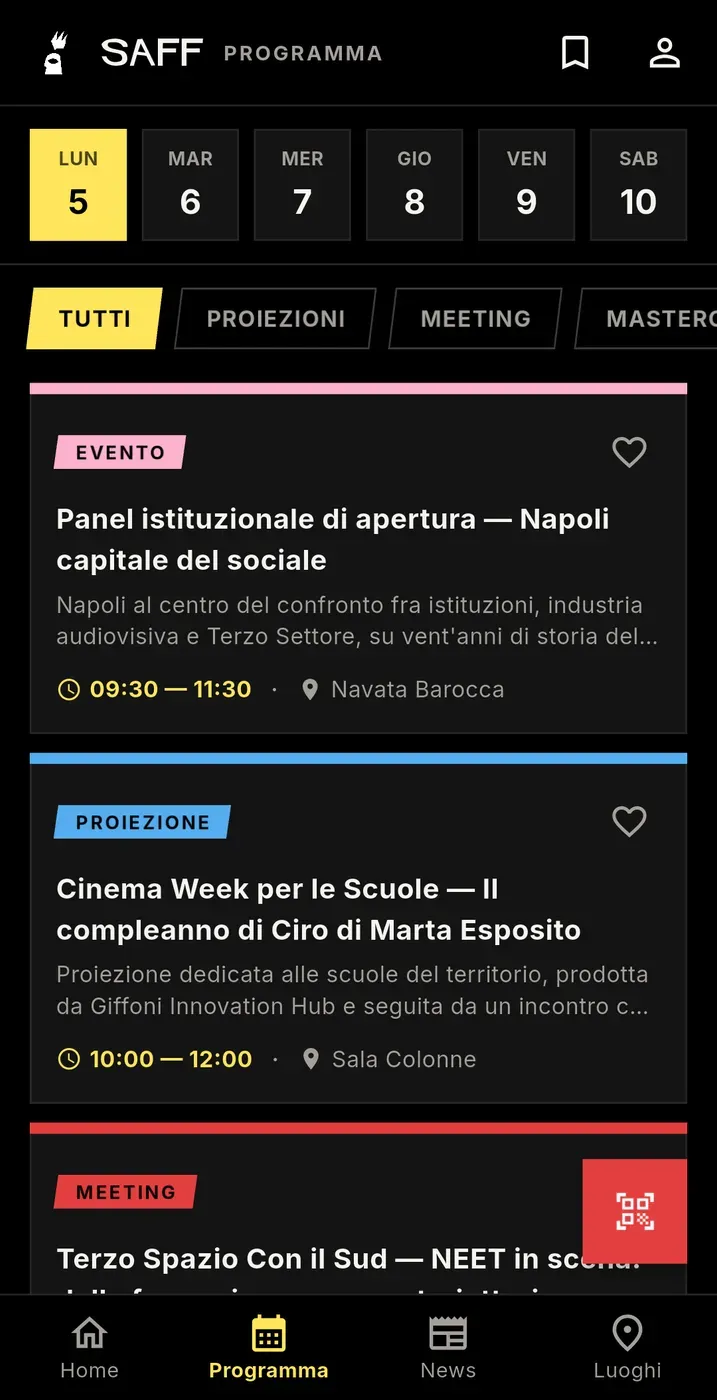 L'app del SàFF: il programma di lunedì 5 ottobre, con i filtri per tipo di evento
