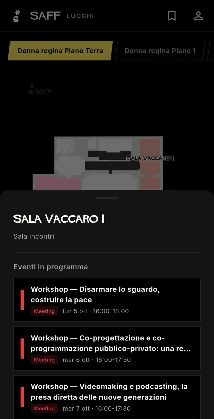 L'app del SàFF: il pannello della Sala Vaccaro I, con gli eventi in programma